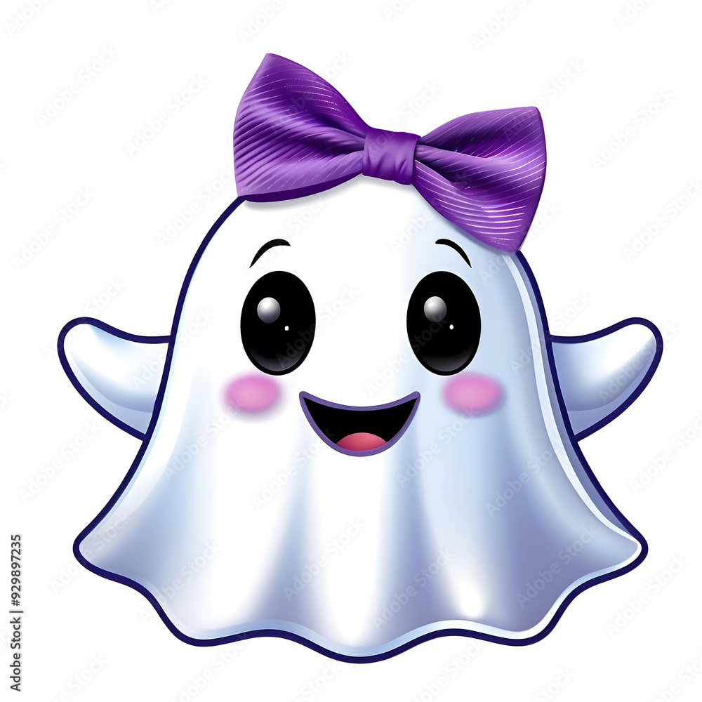 Beautiful, like a doll ghost. Cute spook with a big purple bow. Children's cartoon style. Poster or postcard design. Watercolour imitation Beautiful, like a doll ghost. Cute spook with a big purple bow. Children's cartoon style. Poster or postcard design. Watercolour imitation