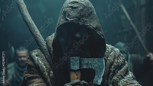 A hooded man, exhibiting a menacing demeanor, brandishes an axe, his figure reflecting the resoluteness of a classic, battle-prepared nomad.