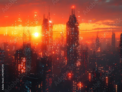 glitchy cyberpunk sunset neoninfused futuristic cityscape with glitch art effects vibrant orange sky holographic elements photo