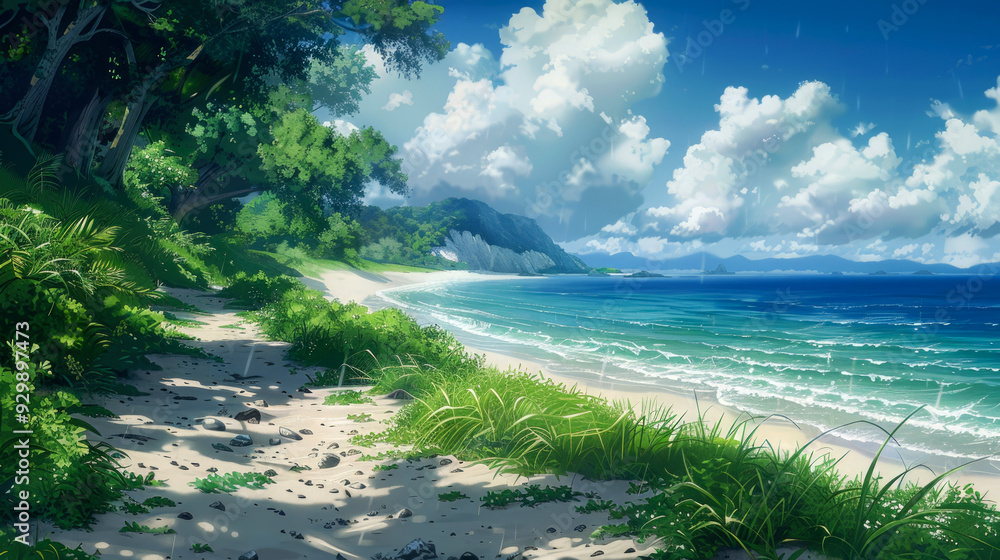 A Lush Tropical Beach with White Sand and Turquoise Water A Lush Tropical Beach with White Sand and Turquoise Water