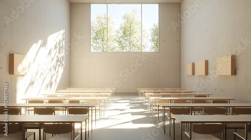 Empty Modern Classroom In the School Interior, Back to School Concept Book, Chair, table 3D Render.