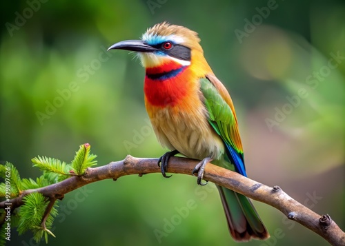 Vibrant white-fronted bee eater perches on a rustic tree branch, its bright plumage and striking black mask a striking contrast against the serene natural backdrop.