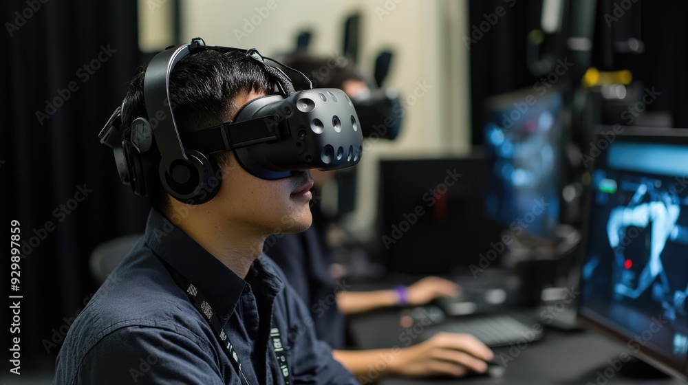 Man Experiencing Virtual Reality with Headset