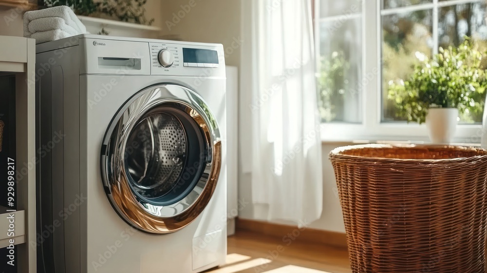 White washing machine in a modern bathroom with a wicker basket and sunlight streaming through the window. White washing machine in a modern bathroom with a wicker basket and sunlight streaming through the window.