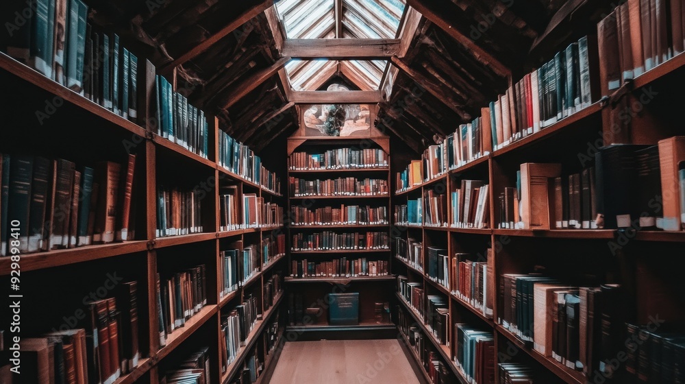 A narrow hallway with bookshelves filled with books, a skylight above, and a wooden floor. A narrow hallway with bookshelves filled with books, a skylight above, and a wooden floor.