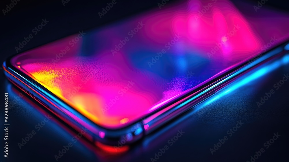 Smartphone with Colorful Glowing Screen in Neon Light Smartphone with Colorful Glowing Screen in Neon Light