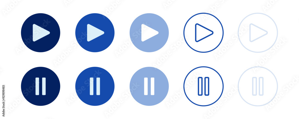 Play Pause button icon. Media player control icon set. Music player navigation Vector design illustration. Blue round circle icon on white background Play Pause button icon. Media player control icon set. Music player navigation Vector design illustration. Blue round circle icon on white background