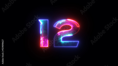 Glowing neon numeric number 12. 4 color neon futuristic effect. Trendy glow lighting