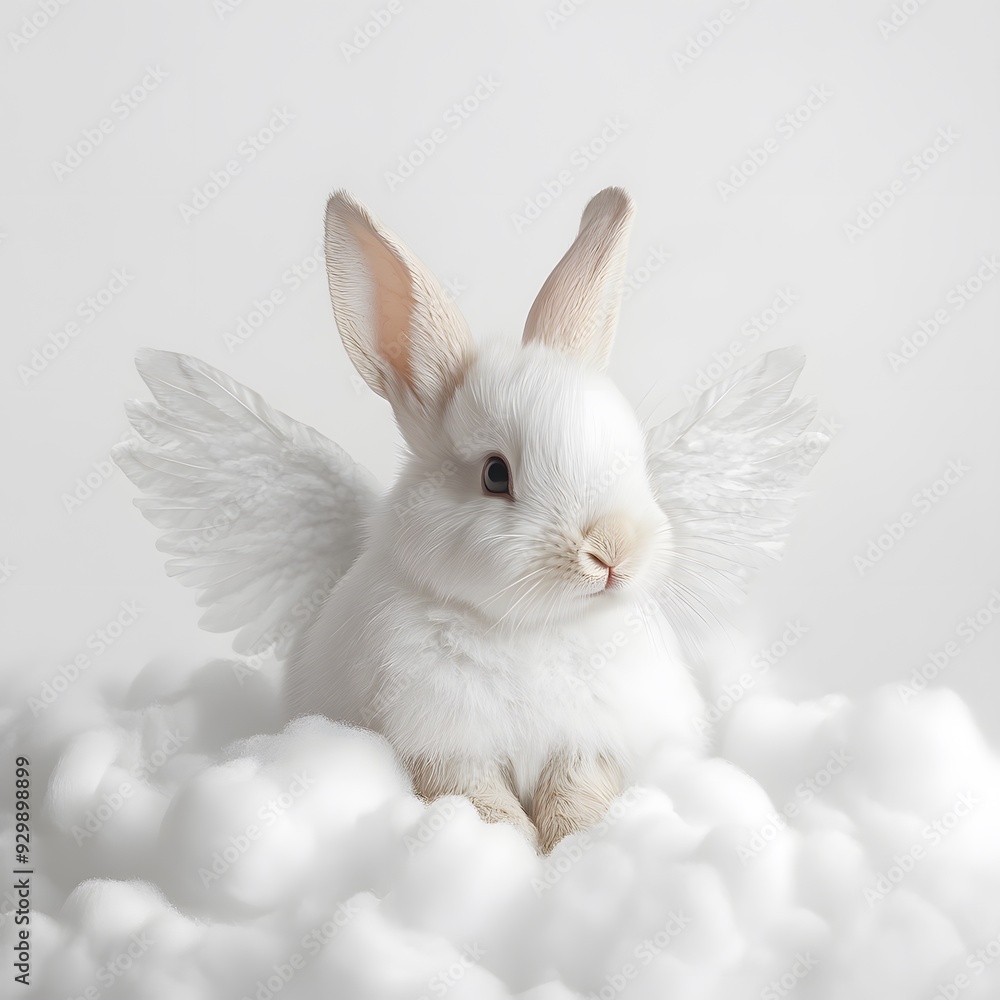 White Bunny with Angel Wings on Clouds. White Bunny with Angel Wings on Clouds.