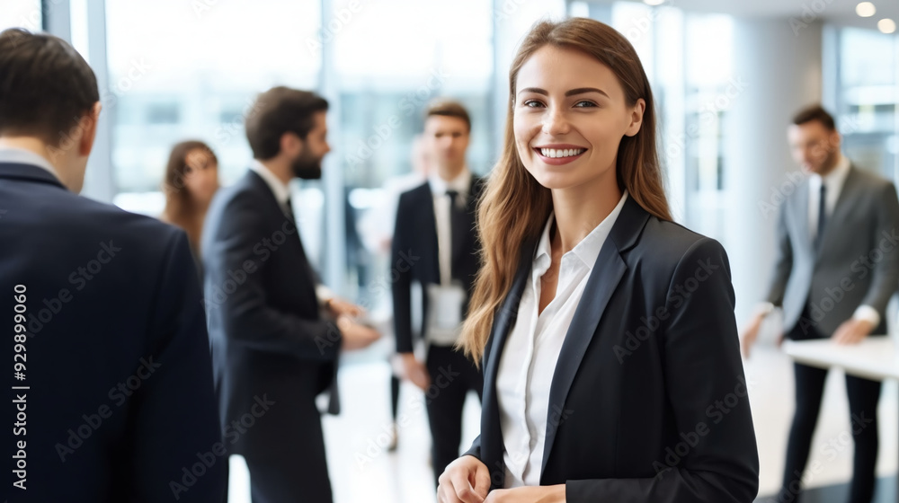 A young businesswoman stands in the foreground, smiling and looking at the camera as she greets her colleagues during an office meeting. A young businesswoman stands in the foreground, smiling and looking at the camera as she greets her colleagues during an office meeting.