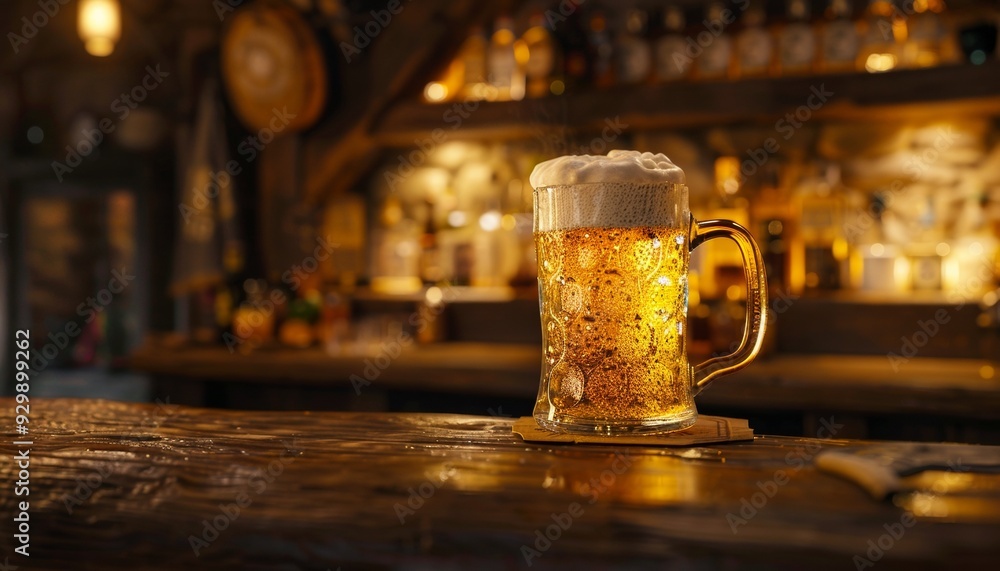 Golden Mug of Ale with Cozy Rustic Ambiance of Irish Pub Background with Copy Space Classic Design Thick Handle Rich Creamy Head of Foam Golden Mug of Ale with Cozy Rustic Ambiance of Irish Pub Background with Copy Space Classic Design Thick Handle Rich Creamy Head of Foam