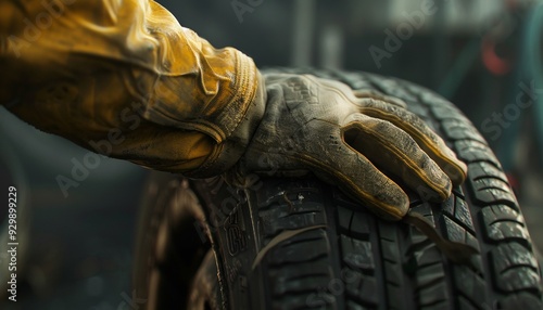 Auto Mechanic in Protective Gloves Securely Handling Tire During Vehicle Service and Maintenance