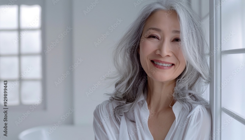 Beautiful Radiant 60-Year-Old Asian Woman with Silver Hair Exuding Elegance and Vitality with Wide Smile Standing in White Blouse Against Background of White Bathroom with Copy Space Beautiful Radiant 60-Year-Old Asian Woman with Silver Hair Exuding Elegance and Vitality with Wide Smile Standing in White Blouse Against Background of White Bathroom with Copy Space