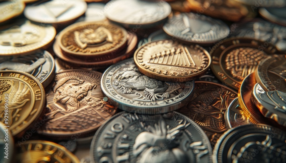 Money Coins Close-Up with Various Currencies and Blurred Background Money Coins Close-Up with Various Currencies and Blurred Background