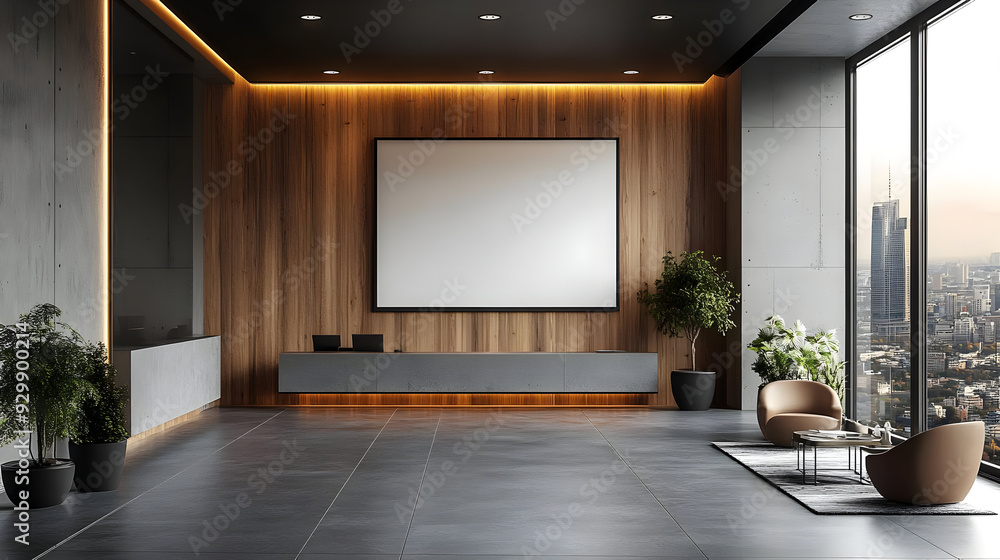 Modern office interior with a large screen and city view. Modern office interior with a large screen and city view.