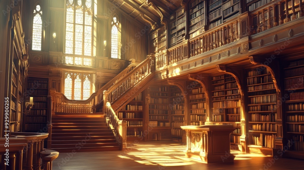 A grand library with a large staircase and tall windows, sunlight streaming through. A grand library with a large staircase and tall windows, sunlight streaming through.