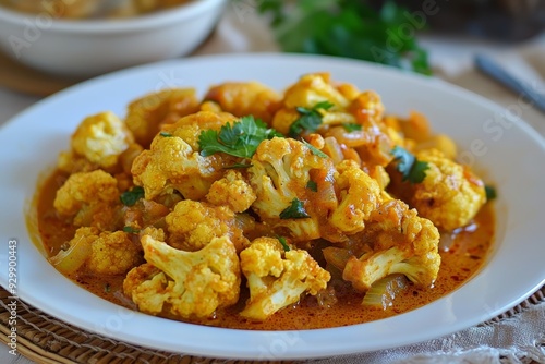 Delicious Thai Cauliflower Curry on a White Plate, Perfect for Food Blogging or Restaurant Menu Generative AI