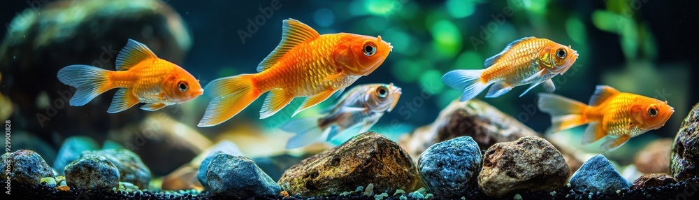 Naklejka premium A vibrant aquarium scene with colorful goldfish swimming gracefully among pebbles and plants, creating a serene underwater landscape.