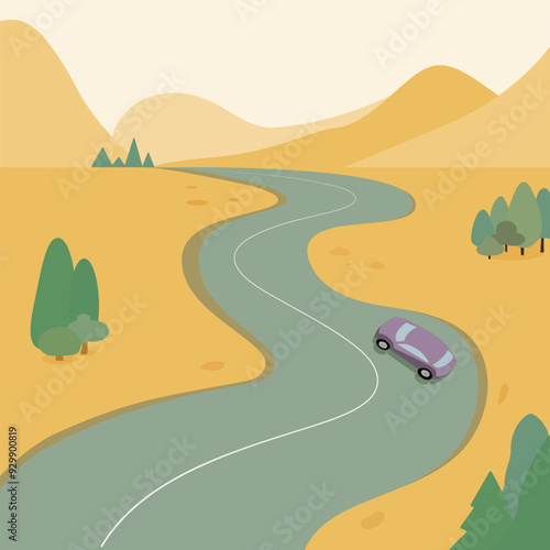 The car is driving along a winding road in the mountains. A bird's-eye view. A scenic trip along winding mountain roads. Vector illustration, flat style