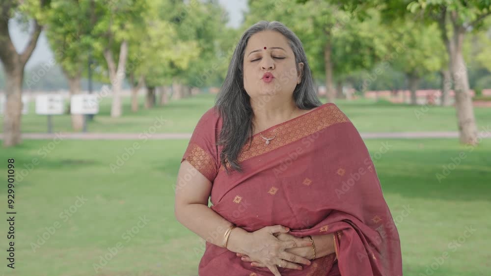 Sick Indian old woman suffering from stomach pain in park Sick Indian old woman suffering from stomach pain in park