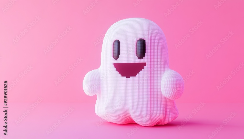 Cute Smiling Pixelated Ghost Character on Pink Background Cute Smiling Pixelated Ghost Character on Pink Background