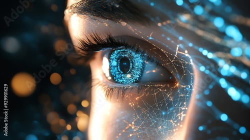 A close-up of a woman's cybernetic eye, framed by lab tecnology, is a striking image of the future of technology. AI Generated.