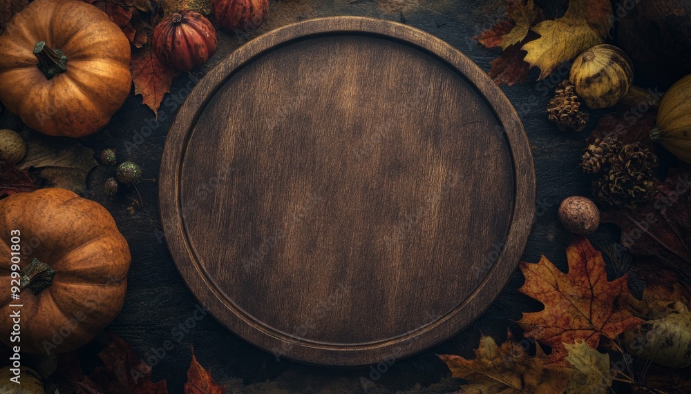 Top View of an Empty Wooden Plate Surrounded by Autumn Leaves Top View of an Empty Wooden Plate Surrounded by Autumn Leaves