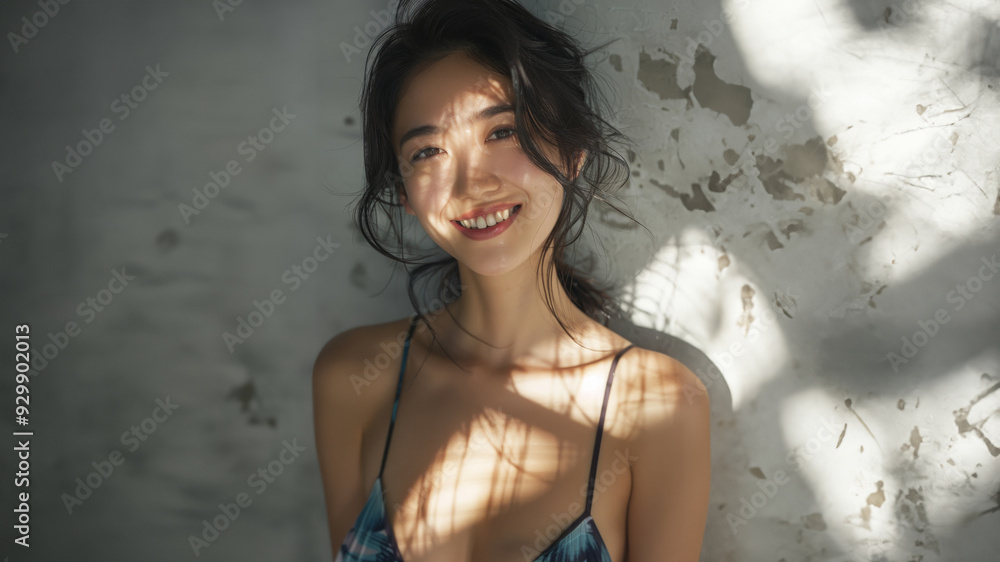 The vibrant lighting in this dynamic scene highlights a young woman’s joyful pose and modern style, blending elegance with a visually artistic setting. The vibrant lighting in this dynamic scene highlights a young woman’s joyful pose and modern style, blending elegance with a visually artistic setting.