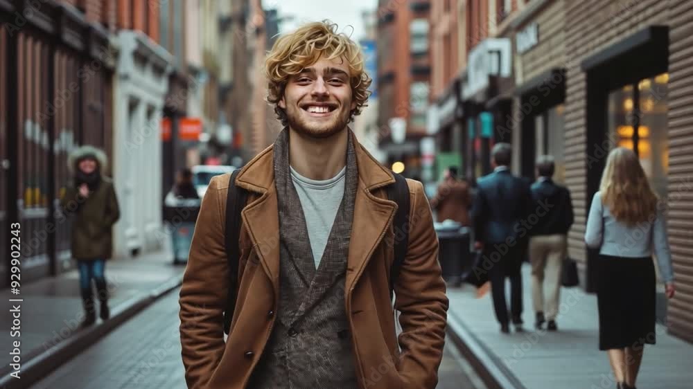 pictures of a young man strolling through bustling city streets dressed stylishly for the winter. pictures of a young man strolling through bustling city streets dressed stylishly for the winter.