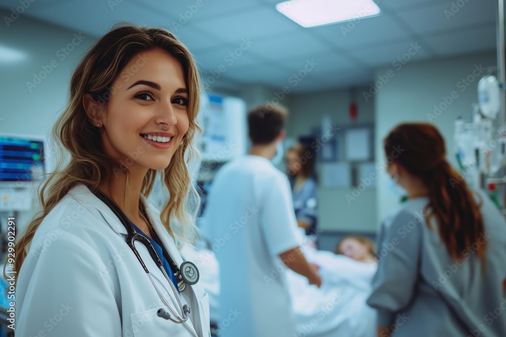 A woman in a white lab coat standing in a hospital A woman in a white lab coat standing in a hospital
