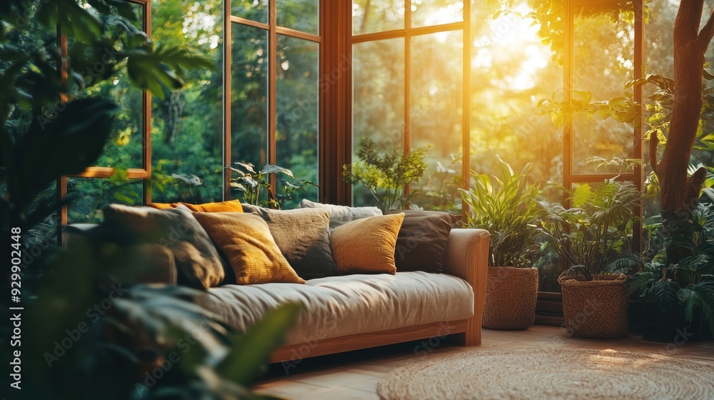 Cozy living room with a couch and plants near the window, sunlight streaming through. Cozy living room with a couch and plants near the window, sunlight streaming through.