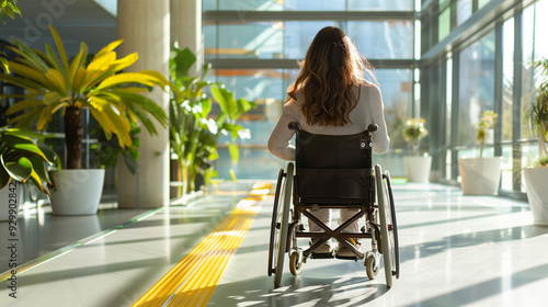 Woman in a wheelchair navigating through a plant-filled modern building