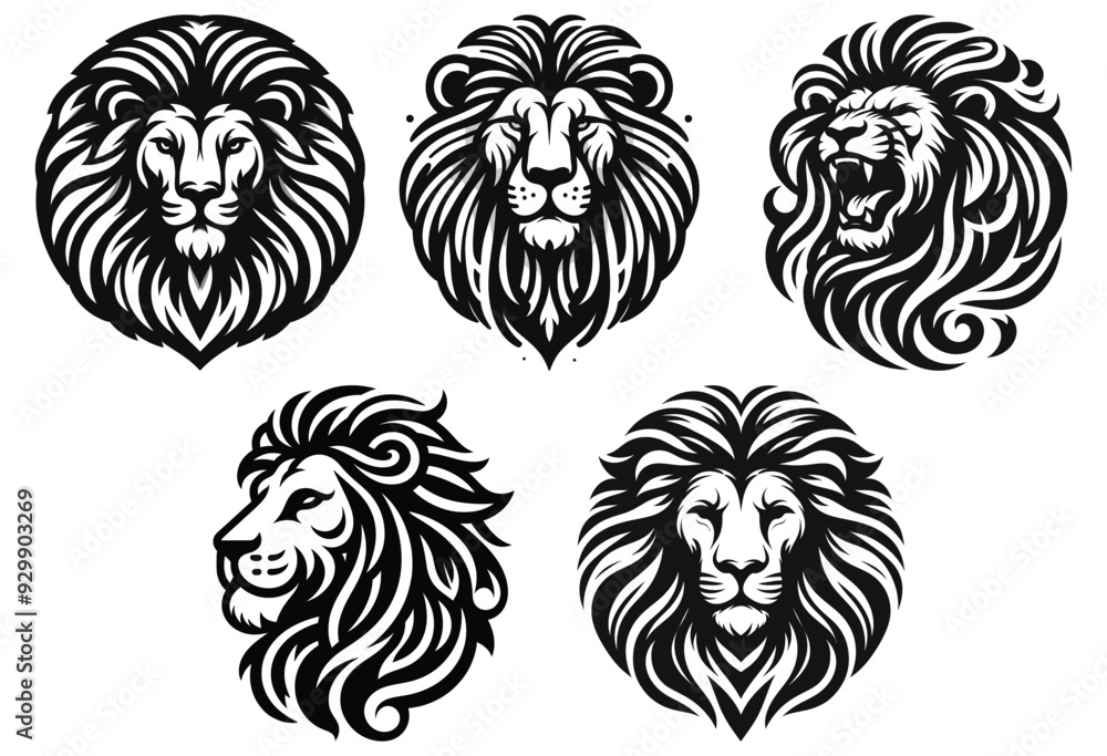 Abstract lion heads illustration, black and white, logo design, strength and bravery symbol Abstract lion heads illustration, black and white, logo design, strength and bravery symbol