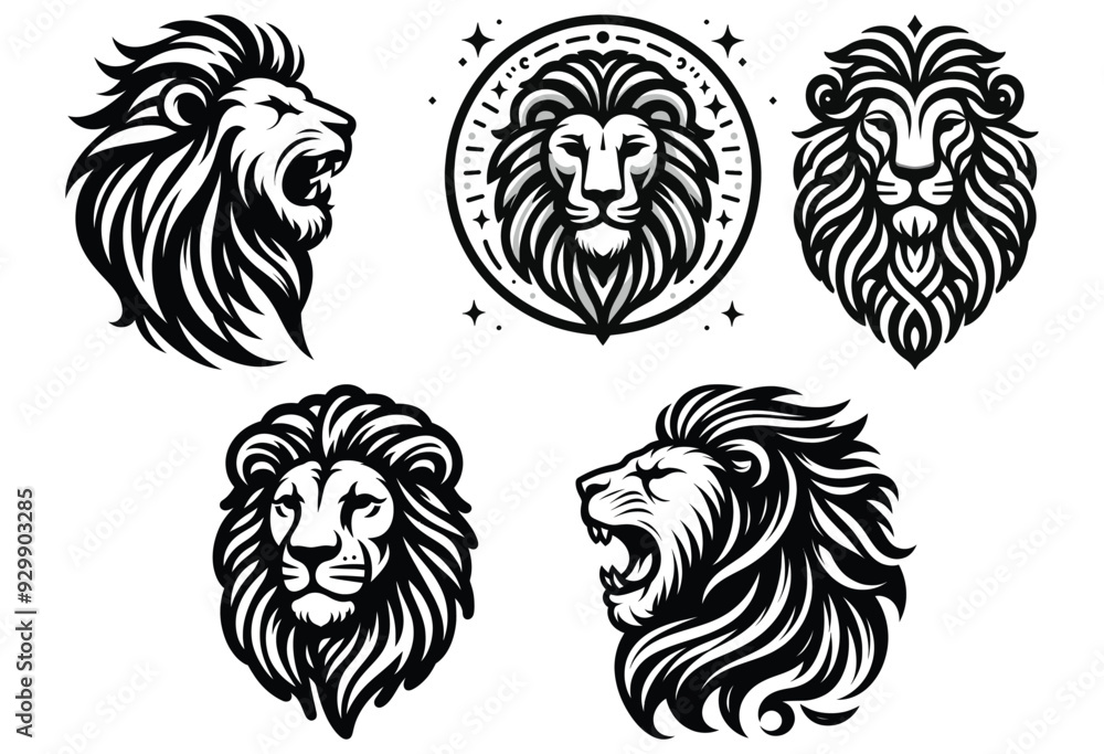 Fierce lion heads vector, black and white, isolated on white background, powerful symbol Fierce lion heads vector, black and white, isolated on white background, powerful symbol