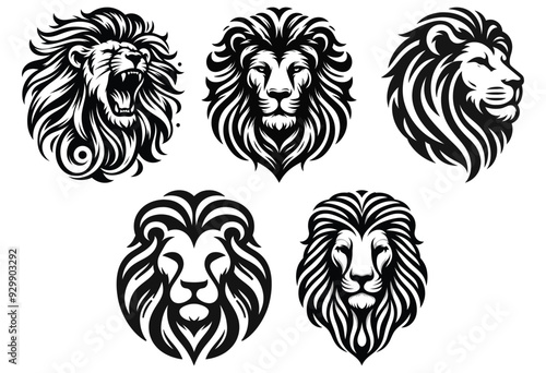 Stylized lion heads vector, black and white, isolated on white background, ideal for tattoos and logos