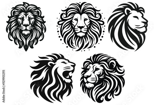 Stylized lion head illustrations in black and white, tribal style, perfect for tattoos or logos
