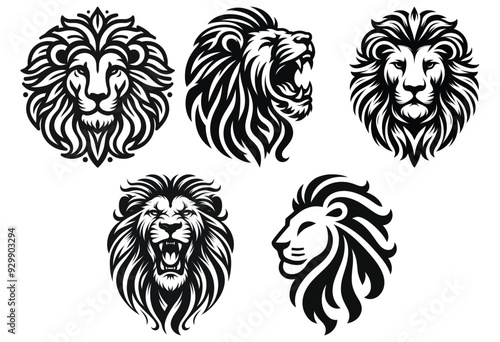 Tribal lion head illustrations set black and white vector, tattoo designs, logo templates