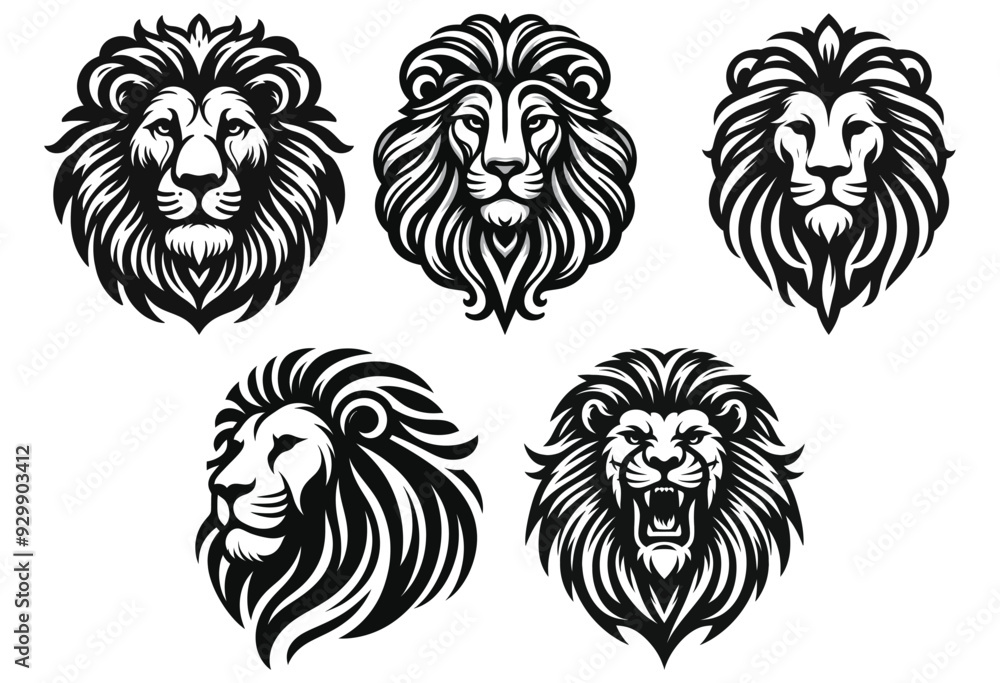 Fototapeta premium Vector lion head illustrations, black and white, decorative designs, perfect for tattoos