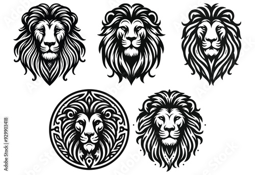 Stylized lion head illustrations, black and white, emblem design, powerful symbolism
