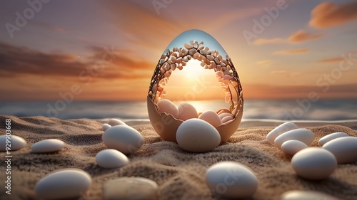 This image is very beautiful and whimsical! It shows three glowing, egg-shaped objects filled with white pebbles and flowers, set against a backdrop of a stunning sunset over the ocean. The soft light