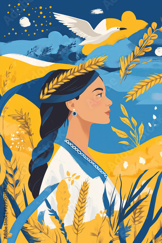 simple trendy flat illustration for ukraine independens day, representing national ukrainian symbols as flag, wheat ,stork ,loaf ,field ,sky ,Ukrainian girl in traditional costume, blue yellow pastel photo