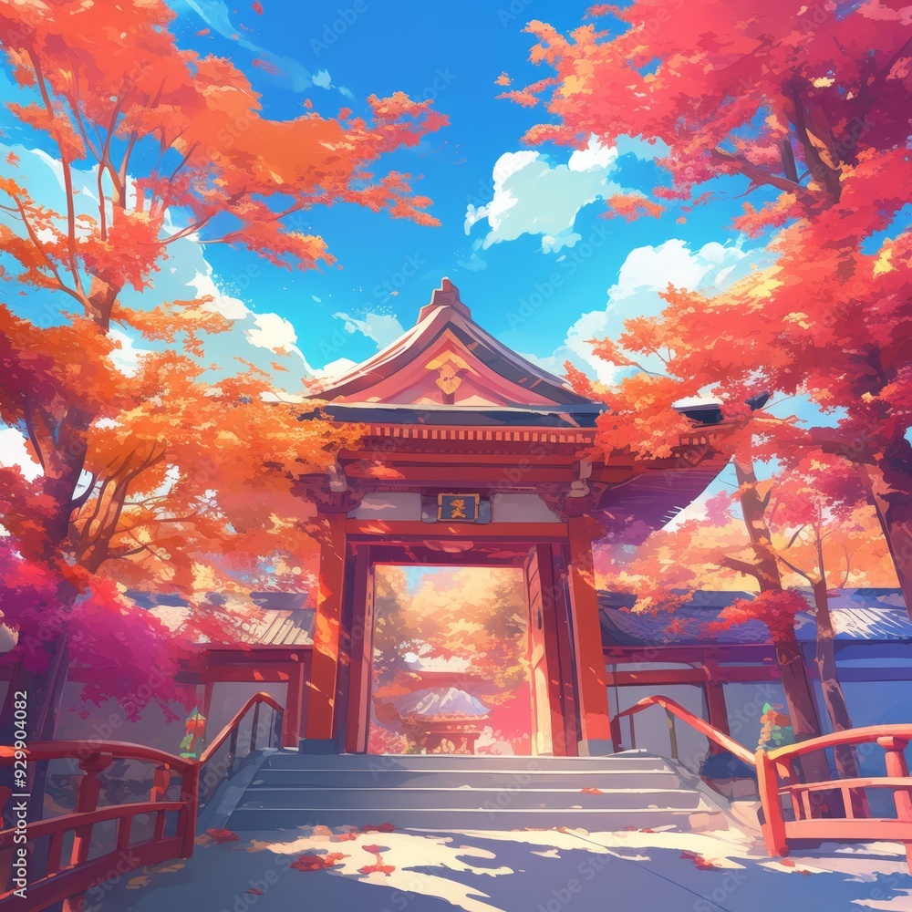 Fototapeta premium Enchanting Autumn Landscape: Anime-Style Illustration of Ancient Japanese and Chinese Temples Amidst Fall Foliage. Creative Abstract Design for UI, Web Marketing, and 4K Wallpapers Showcasing Cultural