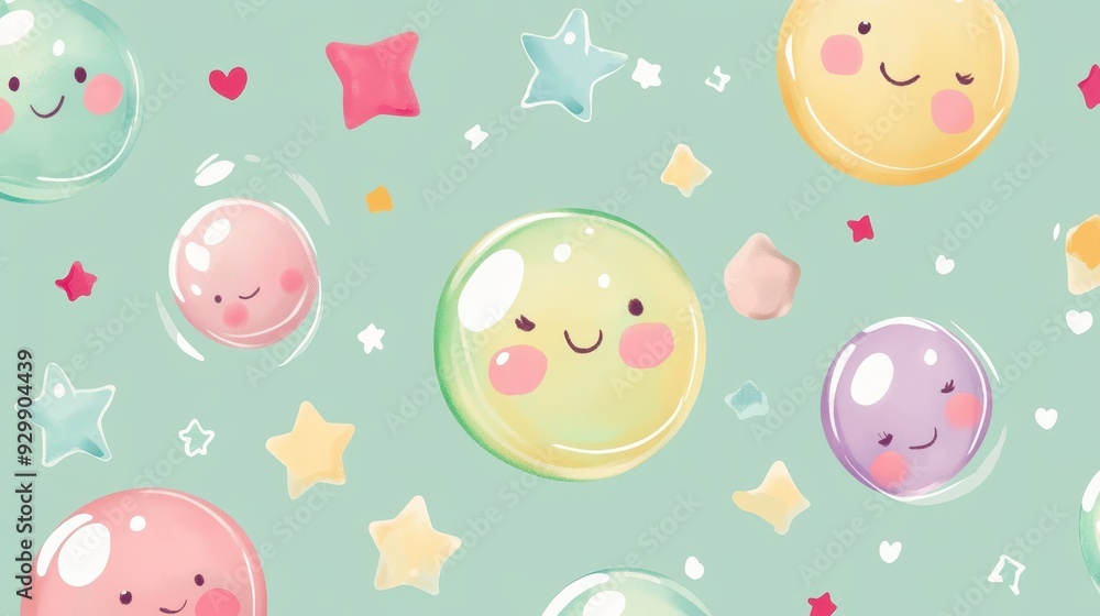 A playful pattern featuring cute smiling bubbles and stars on a pastel background. A playful pattern featuring cute smiling bubbles and stars on a pastel background.