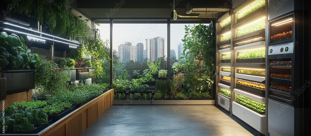 Modern Indoor Urban Garden with City Skyline View and Advanced Hydroponic Systems Modern Indoor Urban Garden with City Skyline View and Advanced Hydroponic Systems