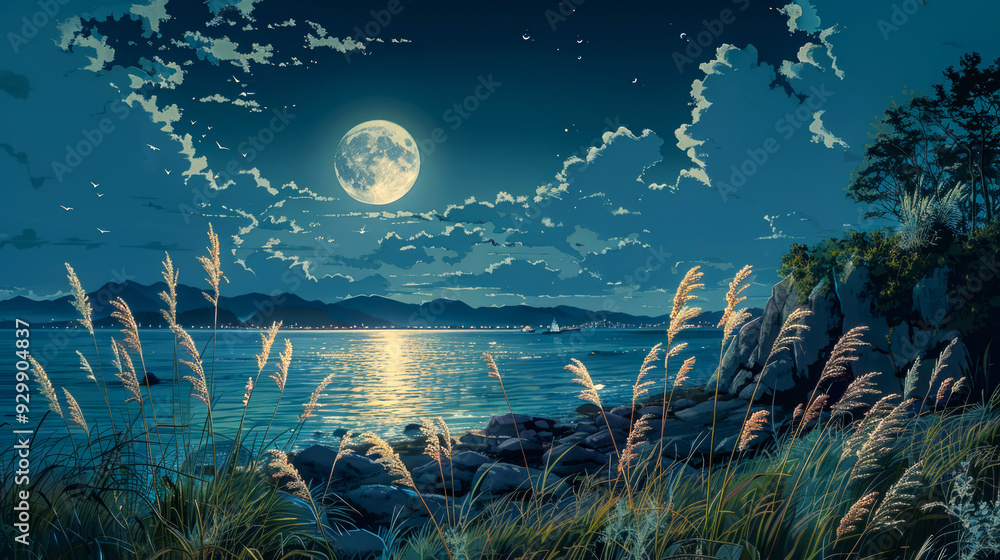 A Full Moon Illuminates a Coastal Landscape at Night A Full Moon Illuminates a Coastal Landscape at Night