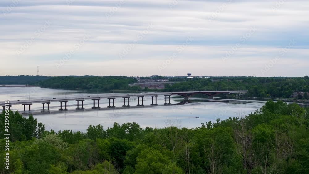 Aerial view of Waaban Crossing bridge over Great Cataraqui River in Kingston Ontario Canada Limestone City Belle Park Aerial view of Waaban Crossing bridge over Great Cataraqui River in Kingston Ontario Canada Limestone City Belle Park
