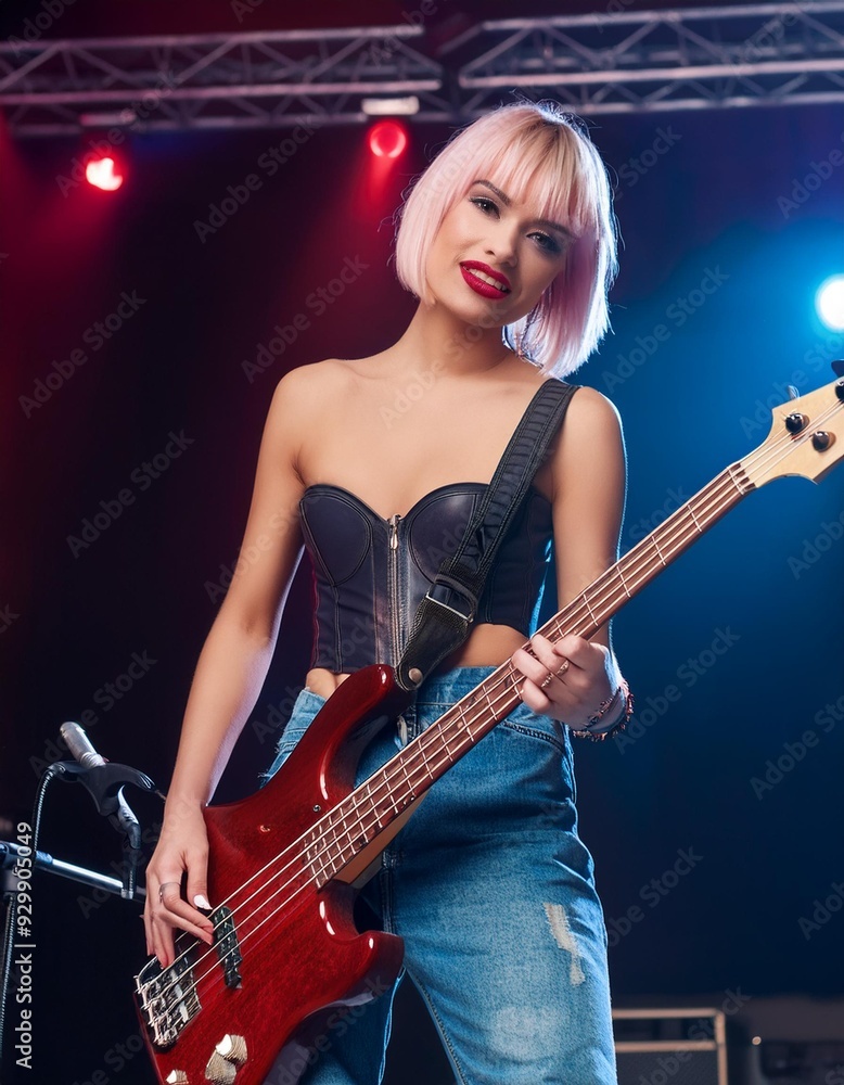 youn woman playing bass guitar, AI generated youn woman playing bass guitar, AI generated