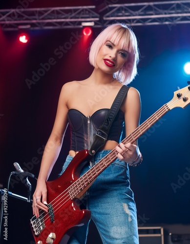 youn woman playing bass guitar, AI generated