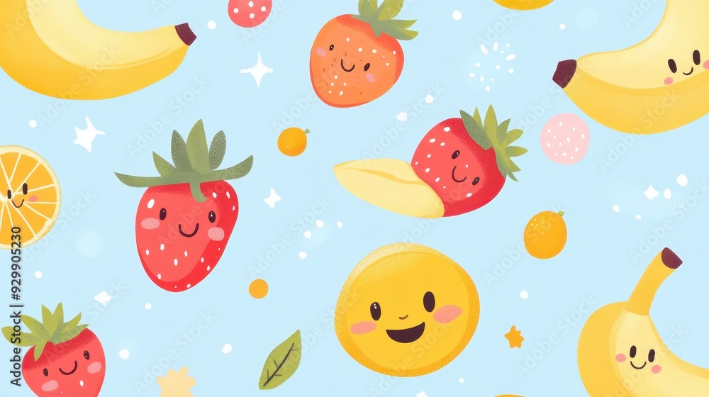 A playful pattern featuring smiling fruits on a light blue background. A playful pattern featuring smiling fruits on a light blue background.
