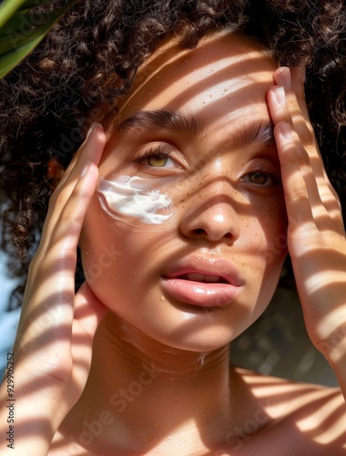 A young woman gently applies moisturizer to her face, illuminated by soft sunlight filtered through leafy shadows.